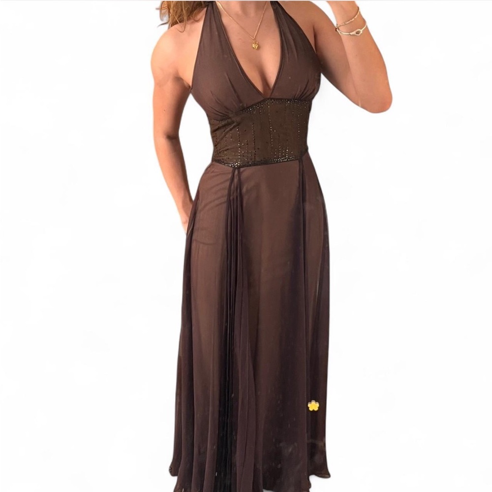 BCBGMaxAzria Brown Halter Cocktail Prom Dress